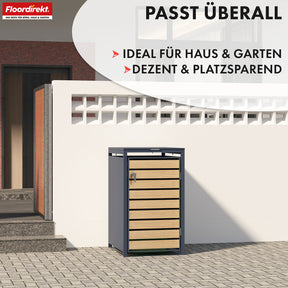 Mülltonnenbox | Johan | Anthrazitfarbene Mülltonnenverkleidung mit Holzdekor und robustem Edelstahlrahmen | 1–3 Türen | Mülltonnenaufbewahrung für 60–240 L