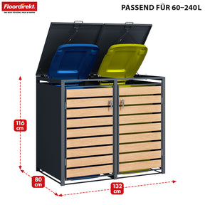 Mülltonnenbox | Johan | Anthrazitfarbene Mülltonnenverkleidung mit Holzdekor und robustem Edelstahlrahmen | 1–3 Türen | Mülltonnenaufbewahrung für 60–240 L