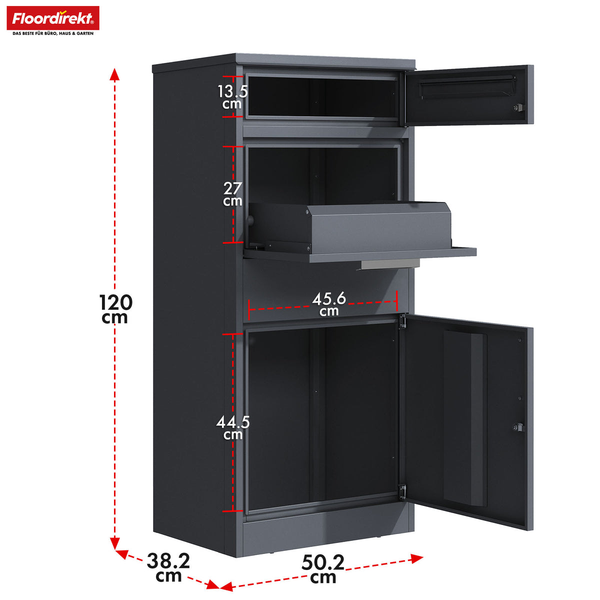 Pakkeboks med brevkasse | Francois | Vandtæt pakkepostkasse i stål, låsbar og fritstående i antracit