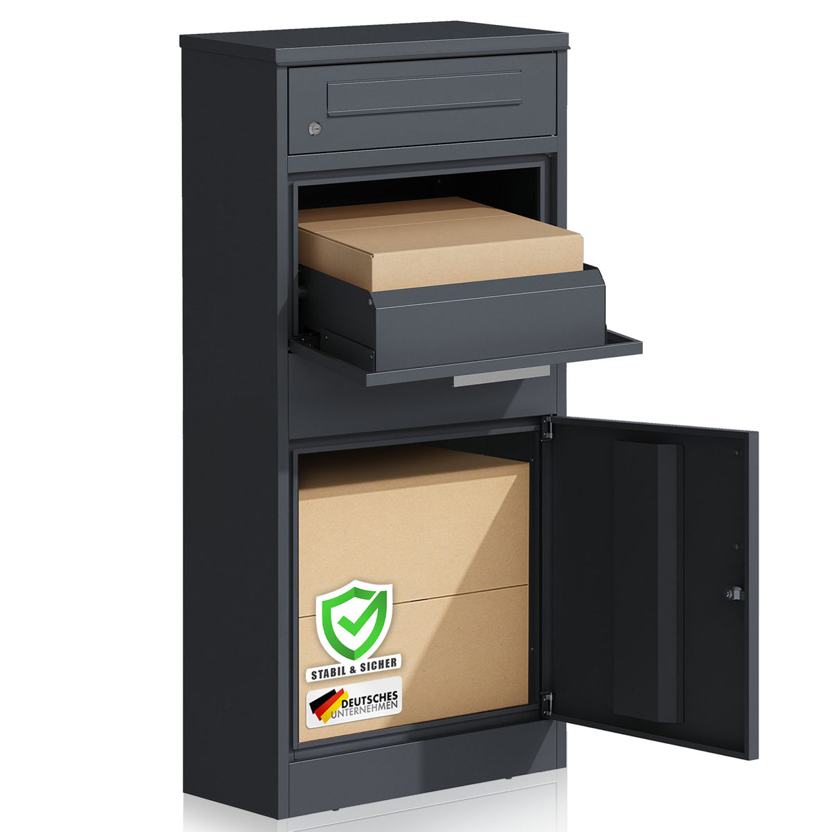Pakkeboks med brevkasse | Francois | Vandtæt pakkepostkasse i stål, låsbar og fritstående i antracit