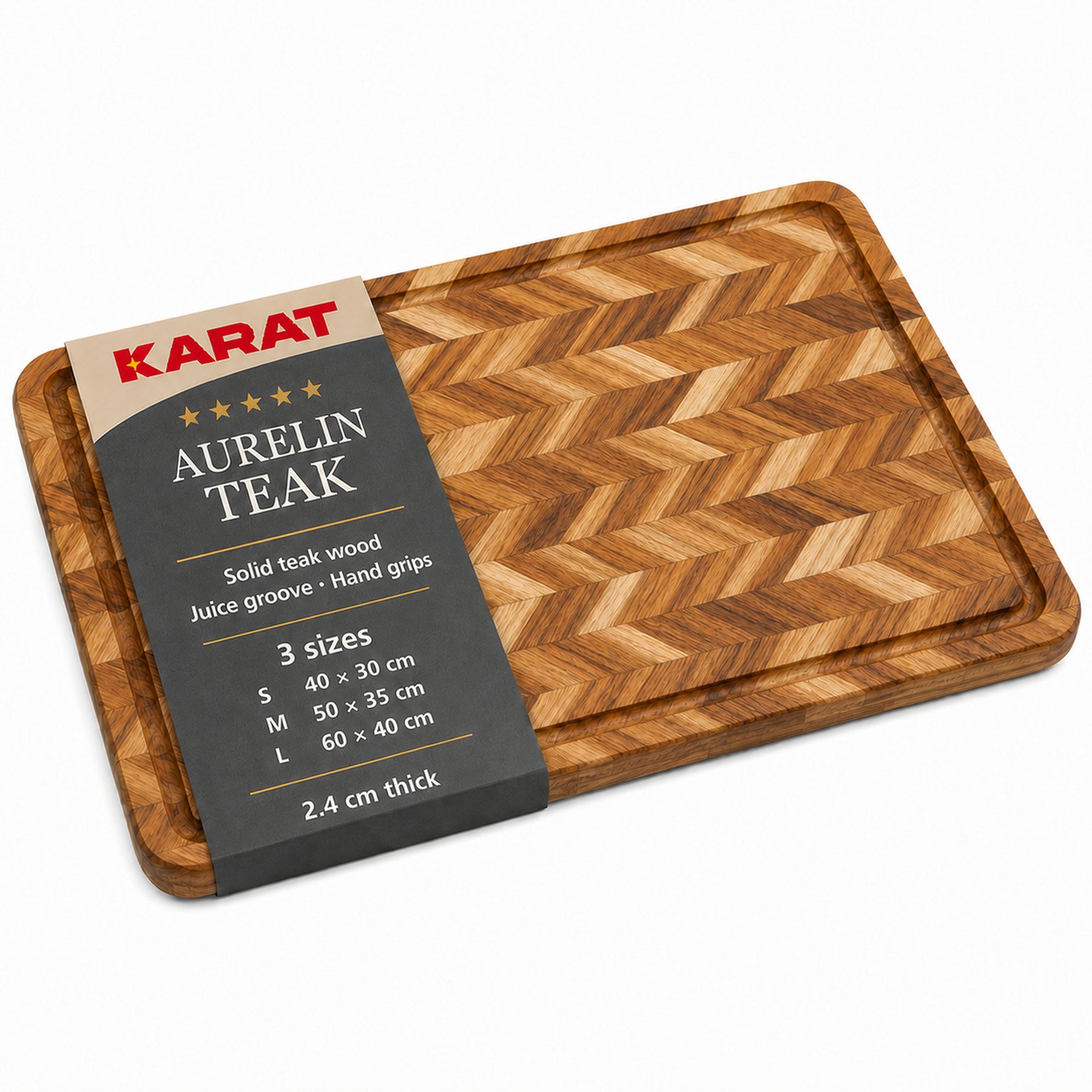 Skærebræt | Aurelin Teak Herringbone | Massivt teaktræ med saftrille & håndgreb | 3 størrelser