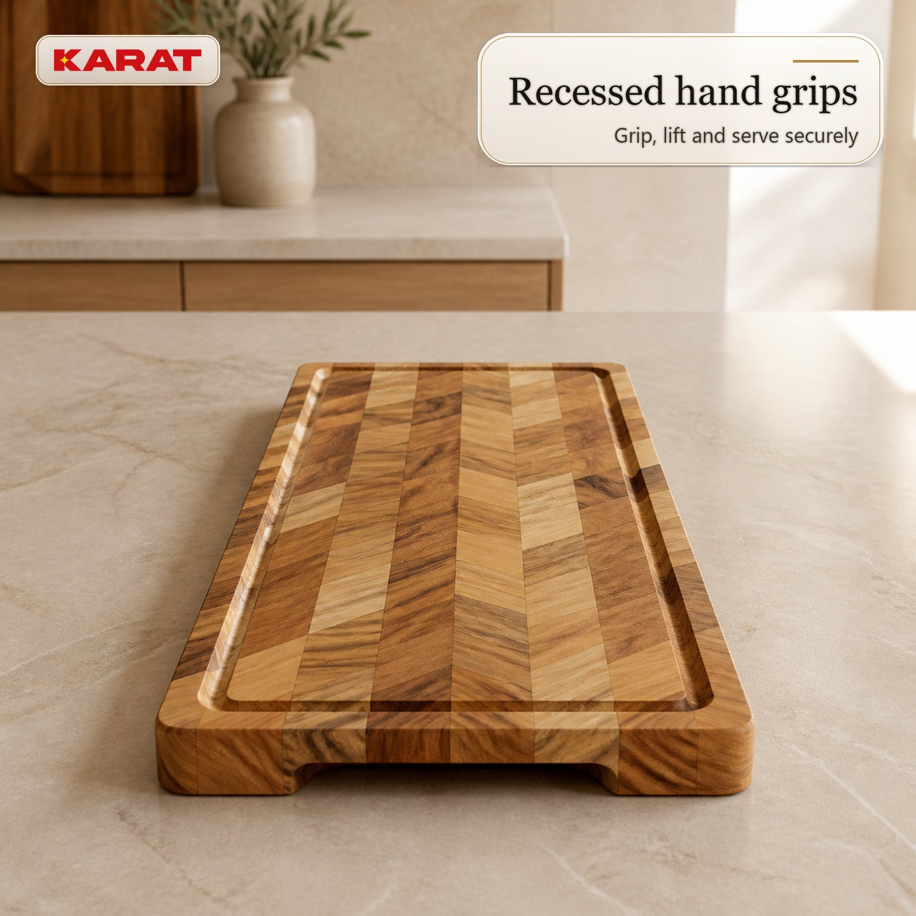 Skærebræt | Aurelin Teak Herringbone | Massivt teaktræ med saftrille & håndgreb | 3 størrelser