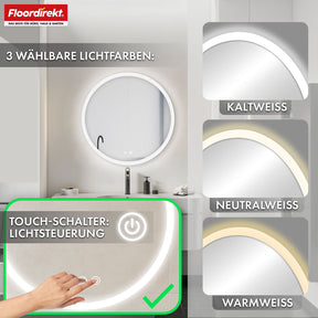 Badeværelsespejl med LED-belysning | Liora | Touch-betjening med antidug og 3 valgbare lysfarver | Fås i forskellige størrelser