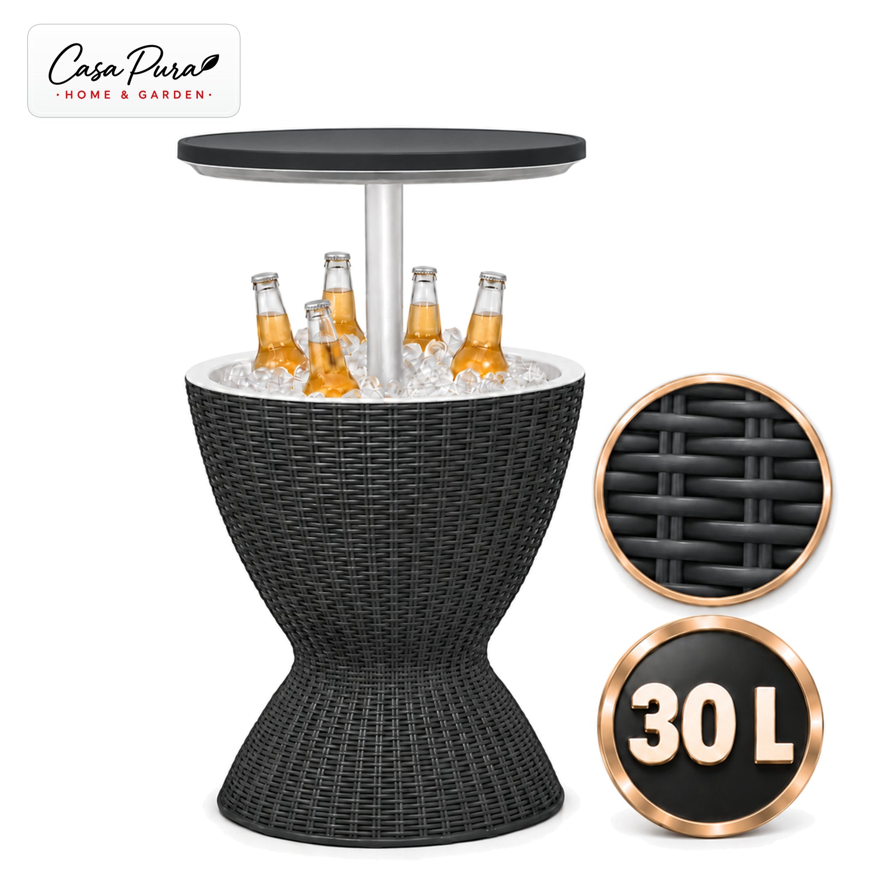 Kølebord til drikkevarer | Capri | Højdejusterbart havebord med 30 liters kølebeholder i rattanlook | 2 farver