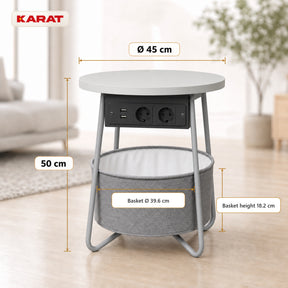 Sidebord | Dario | Rundt sofabord med 2 stikkontakter, 2 USB-A & opbevaringskurv | Ø 45 cm | 4 farver