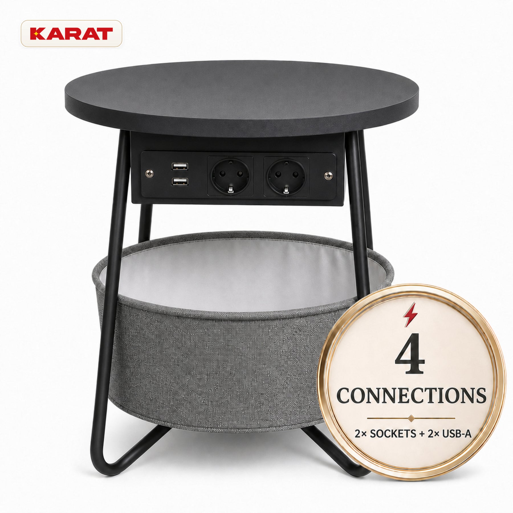 Sidebord | Dario | Rundt sofabord med 2 stikkontakter, 2 USB-A & opbevaringskurv | Ø 45 cm | 4 farver