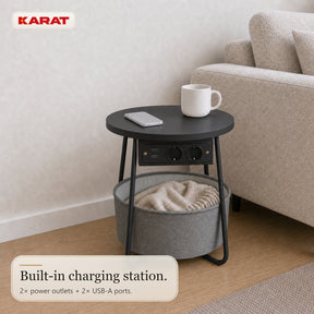 Sidebord | Dario | Rundt sofabord med 2 stikkontakter, 2 USB-A & opbevaringskurv | Ø 45 cm | 4 farver