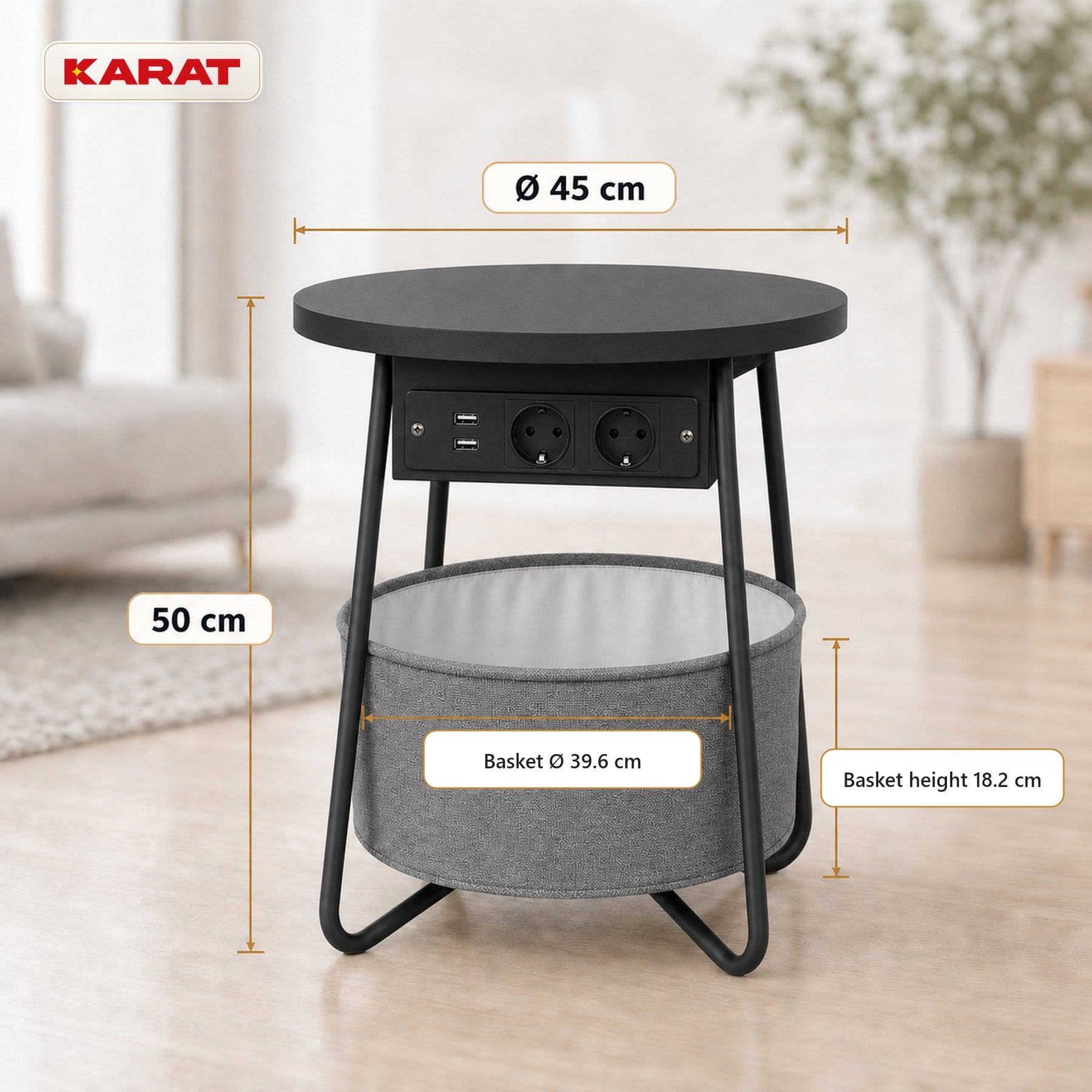Sidebord | Dario | Rundt sofabord med 2 stikkontakter, 2 USB-A & opbevaringskurv | Ø 45 cm | 4 farver