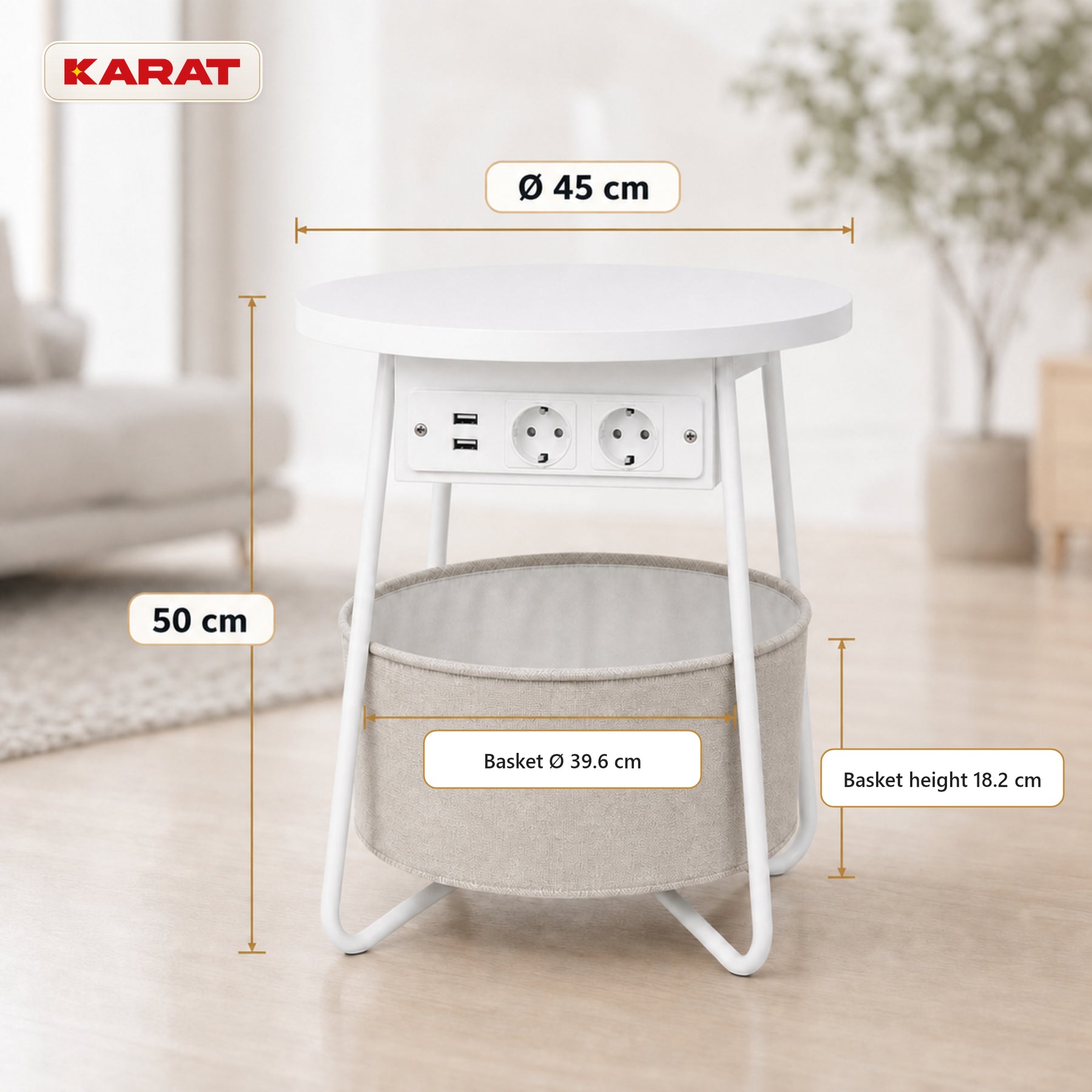 Sidebord | Dario | Rundt sofabord med 2 stikkontakter, 2 USB-A & opbevaringskurv | Ø 45 cm | 4 farver