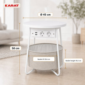 Sidebord | Dario | Rundt sofabord med 2 stikkontakter, 2 USB-A & opbevaringskurv | Ø 45 cm | 4 farver