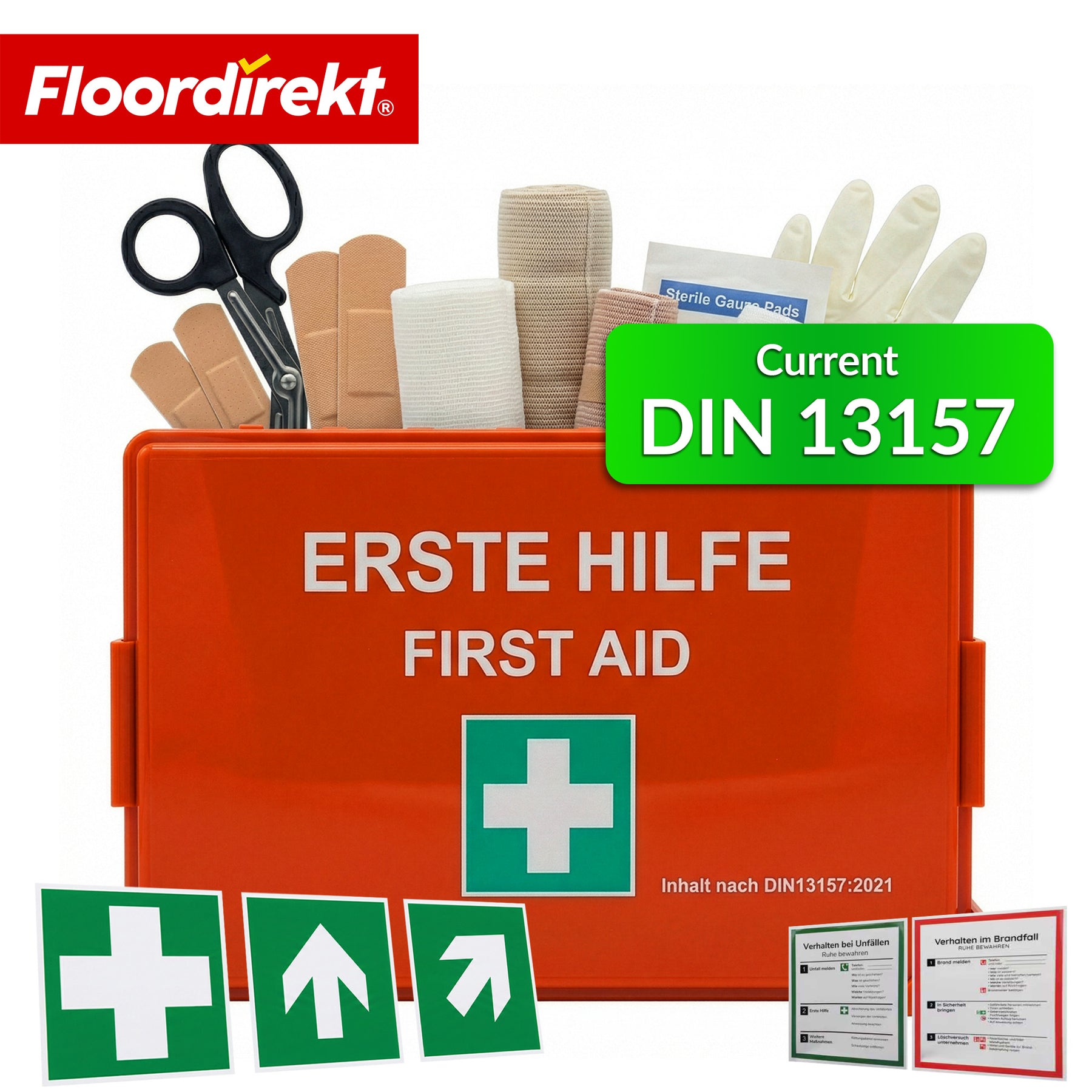 Førstehjælpskasse | DIN 13157:2021 | Forbindingskasse med vægbeslag & ISO-klistermærker