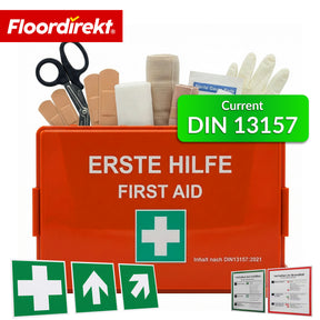 Førstehjælpskasse | DIN 13157:2021 | Forbindingskasse med vægbeslag & ISO-klistermærker