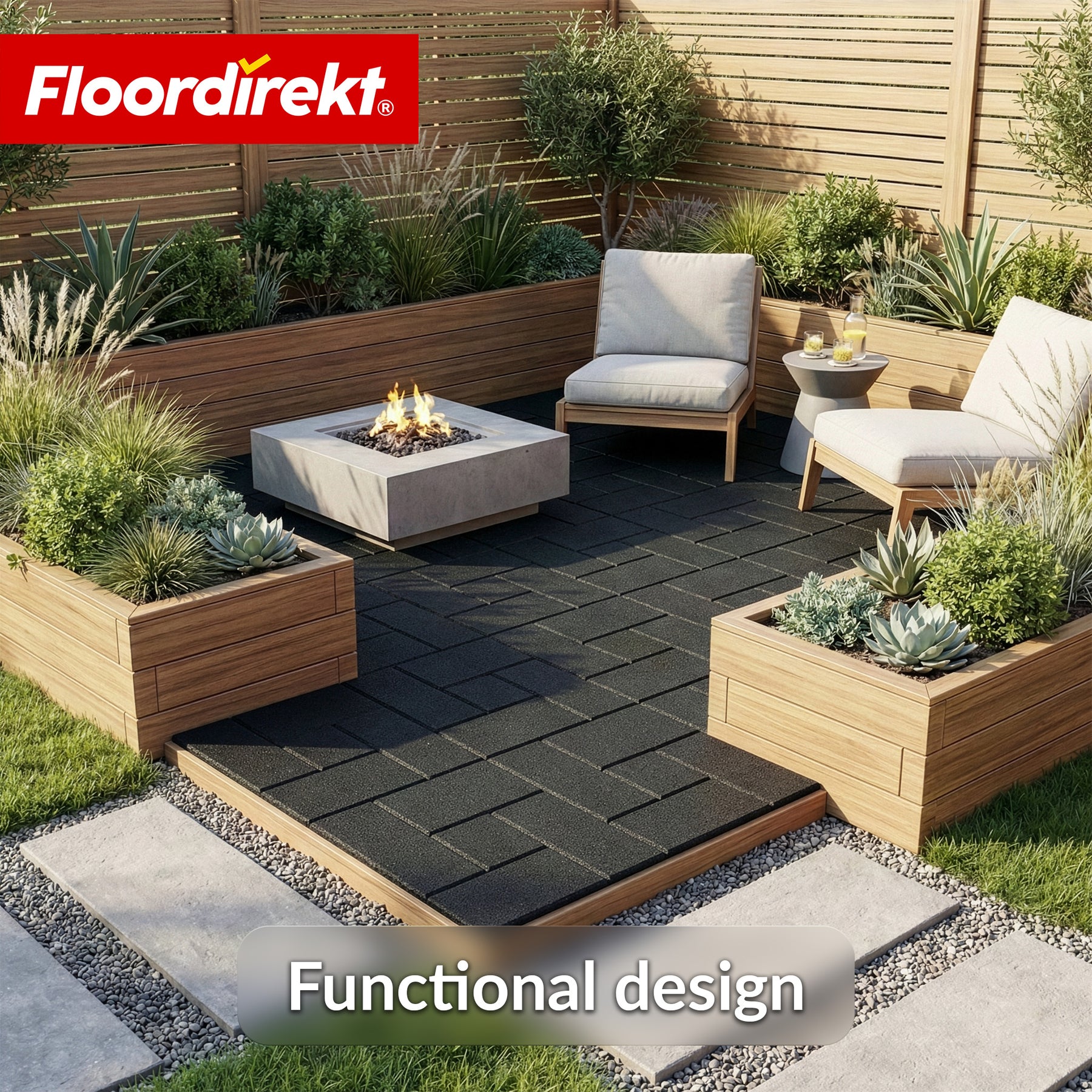 Faldunderlagsmåtte | Paving Tile | 50x50 cm 25 mm | Gummiplade i brostensoptik | Terrasse, have & udendørsområde