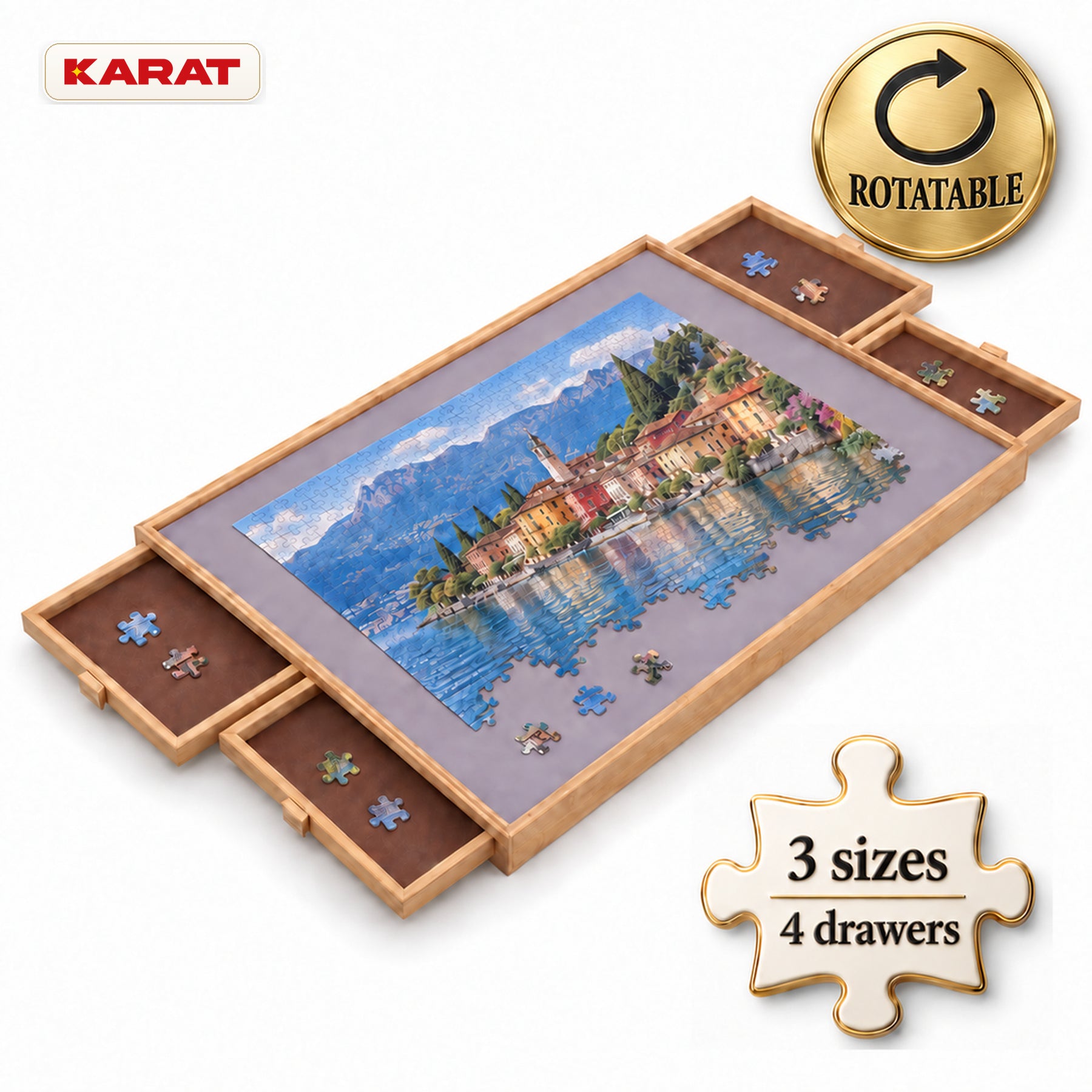 Hudson puslespilsbord | Drejeligt puslespilsbræt med 4 eller 6 skuffer | MDF & bambus | 1000–2000 brikker