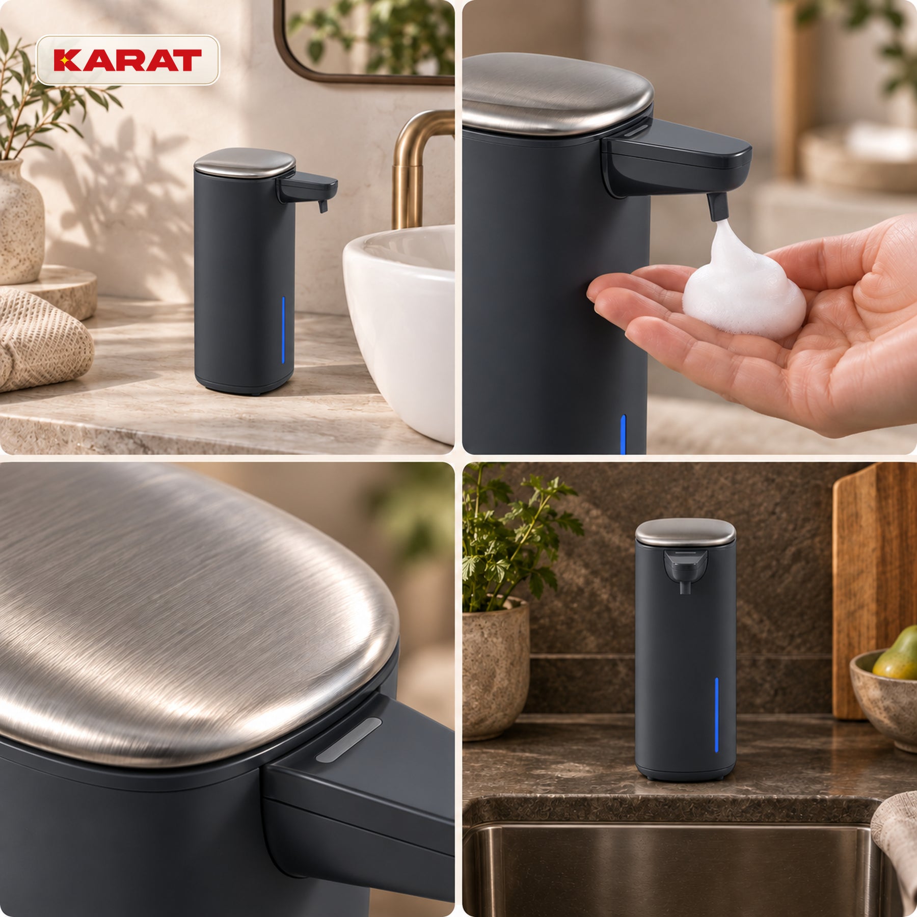 Automatisk skumsæbedispenser | Liora | Berøringsfri sæbedispenser med sensor, USB-C-batteri & rustfrit stål | 250 ml