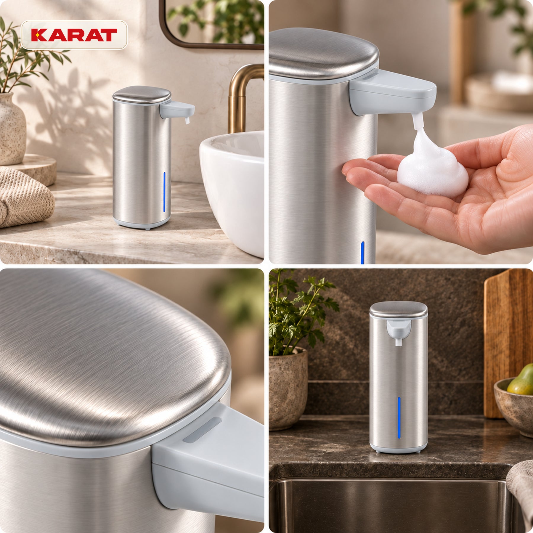 Automatisk skumsæbedispenser | Liora | Berøringsfri sæbedispenser med sensor, USB-C-batteri & rustfrit stål | 250 ml