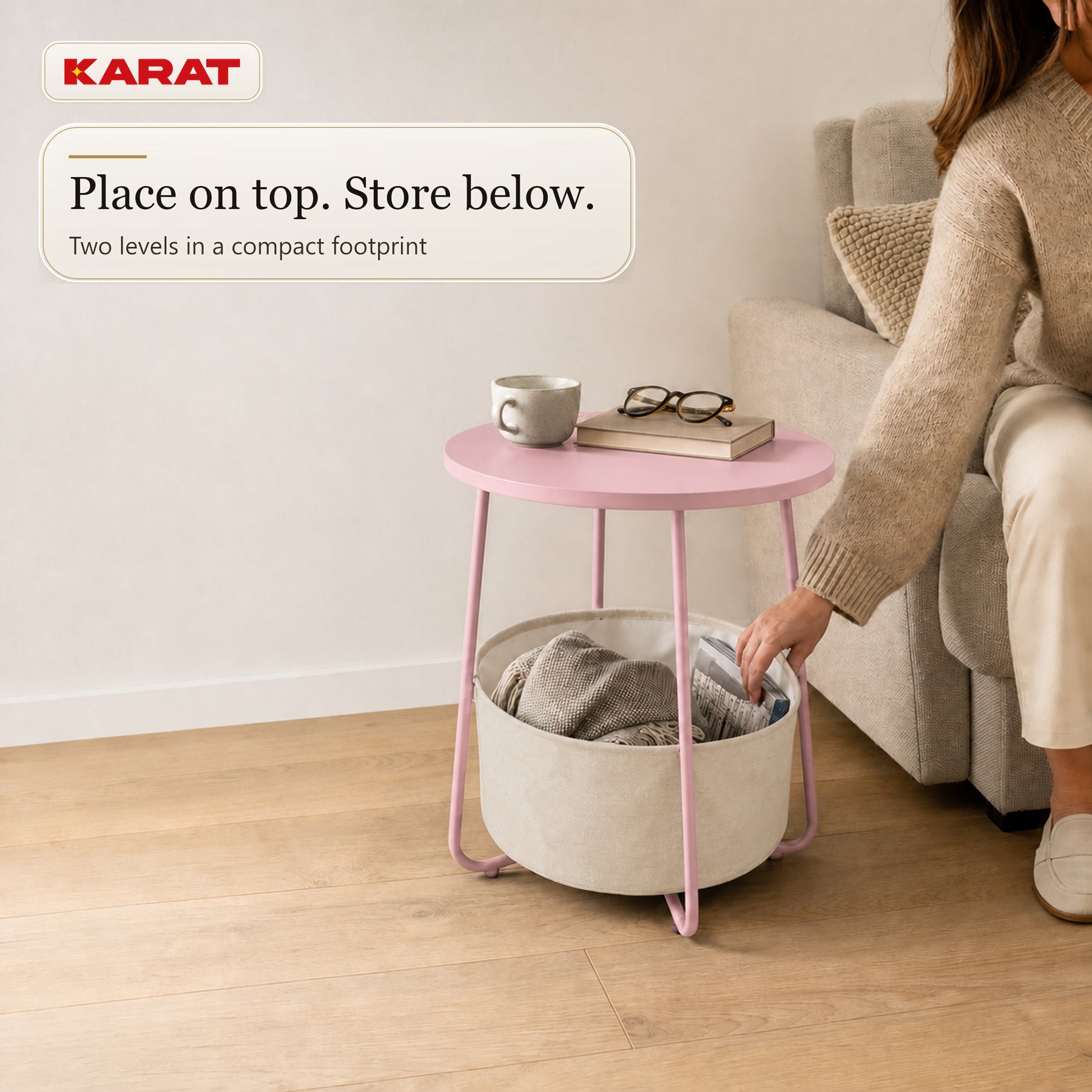 Sidebord | Luca | Rundt bord med stofkurv & opbevaring | Ø 45 cm | 4 farver
