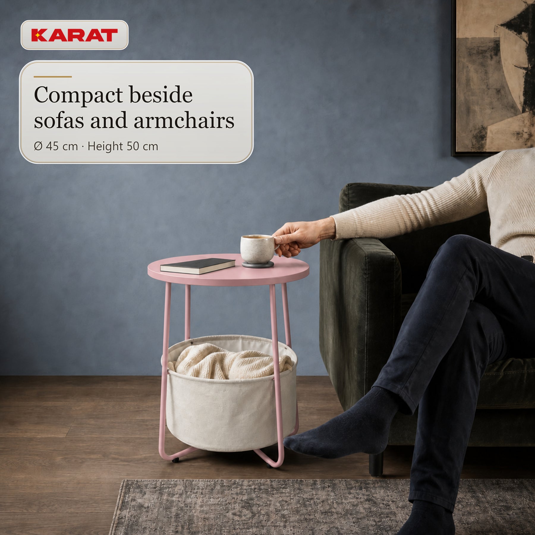 Sidebord | Luca | Rundt bord med stofkurv & opbevaring | Ø 45 cm | 4 farver