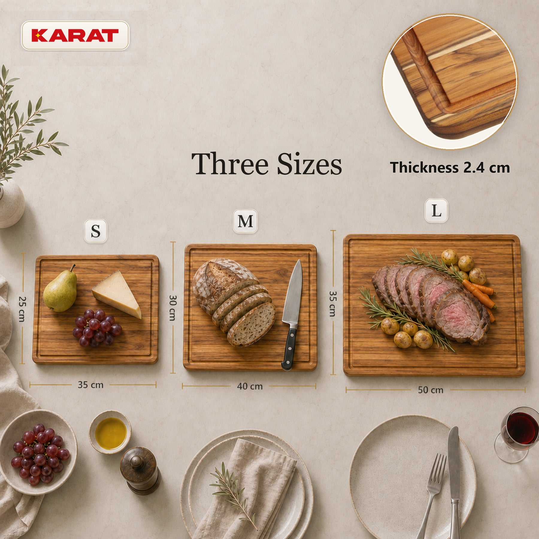 Deska do krojenia | Maison Teak Edge Grain | Lite drewno tekowe z rowkiem na soki & uchwytami | 3 rozmiary
