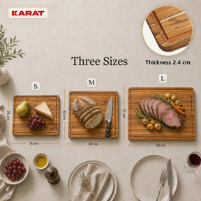 Deska do krojenia | Maison Teak Edge Grain | Lite drewno tekowe z rowkiem na soki & uchwytami | 3 rozmiary