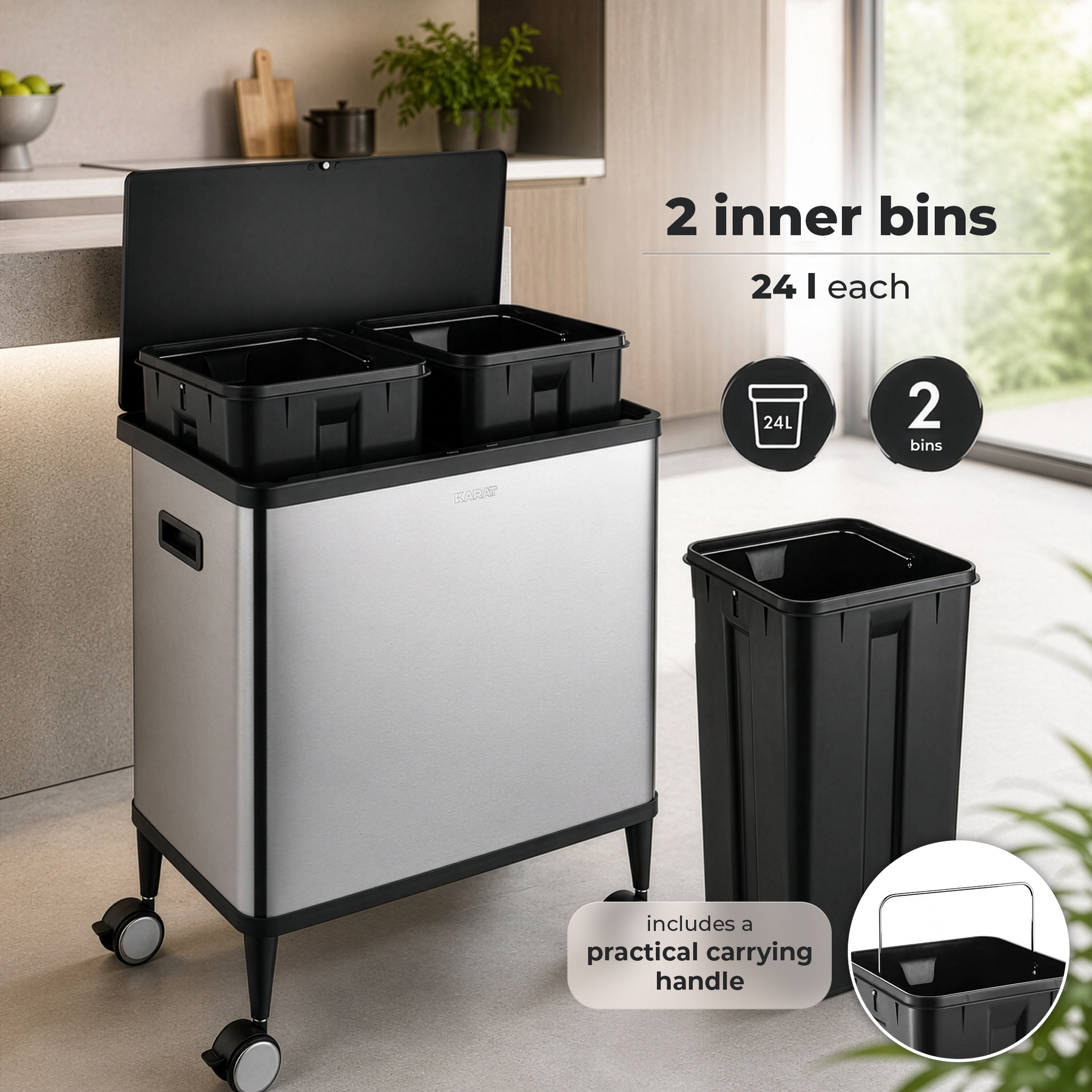Affaldsspand | Tyler | Sensor-affaldsspand i rustfrit stål | 2 × 24 L affaldssortering | Hjul med bremser