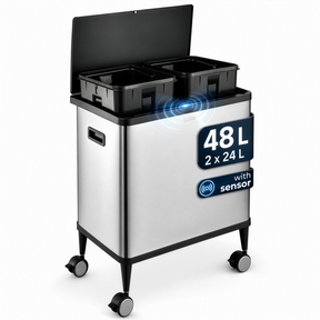 Affaldsspand | Tyler | Sensor-affaldsspand i rustfrit stål | 2 × 24 L affaldssortering | Hjul med bremser