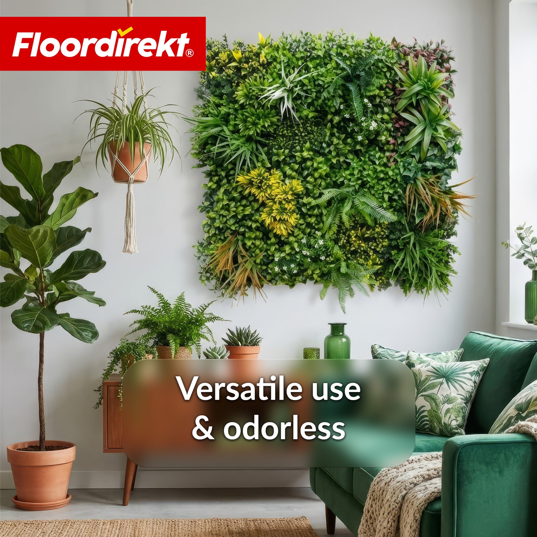 Plantevæg | Spring Garden | Naturtro, vedligeholdelsesfrit grønpanel | Solbestandig & udvidelig med klik-system | 100 × 100 cm