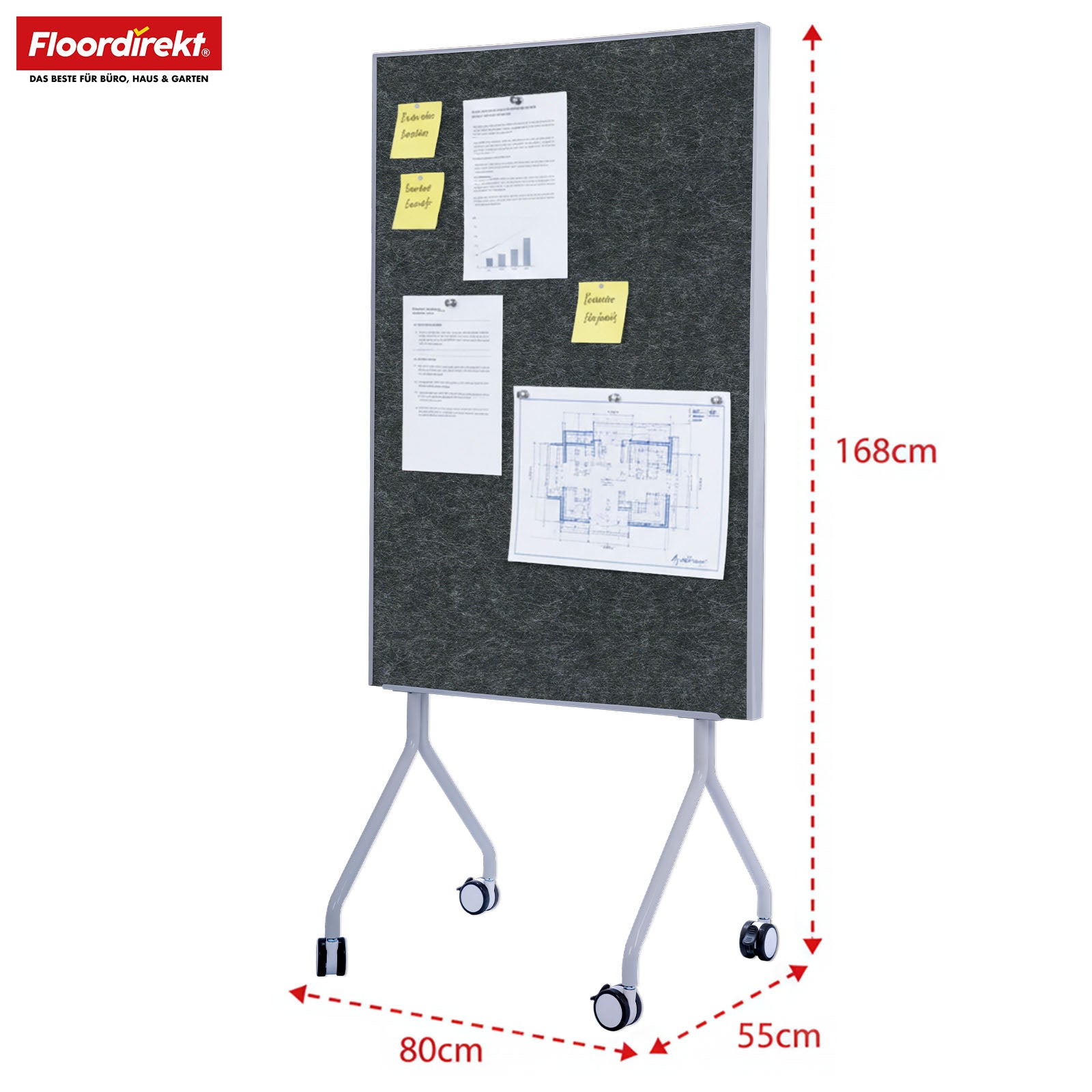 Mobil præsentationstavle | Giant | Dobbeltsidet filtstavle 80 x 120 cm med låsbare hjul og hylde | Fås i flere farver