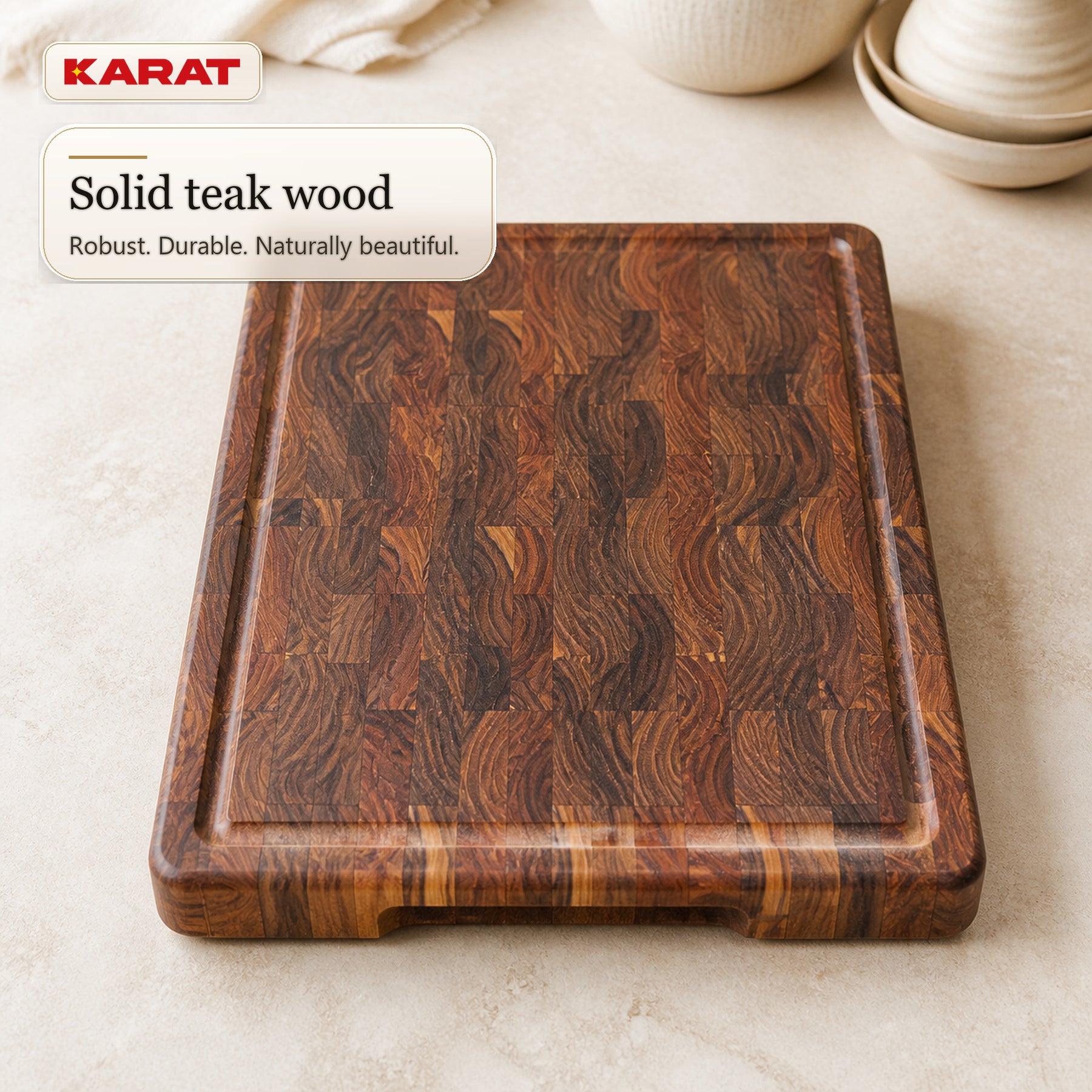 Skærebræt | Teak Royal Endgrain | Massivt teaktræ med saftrille & håndgreb | 3 størrelser
