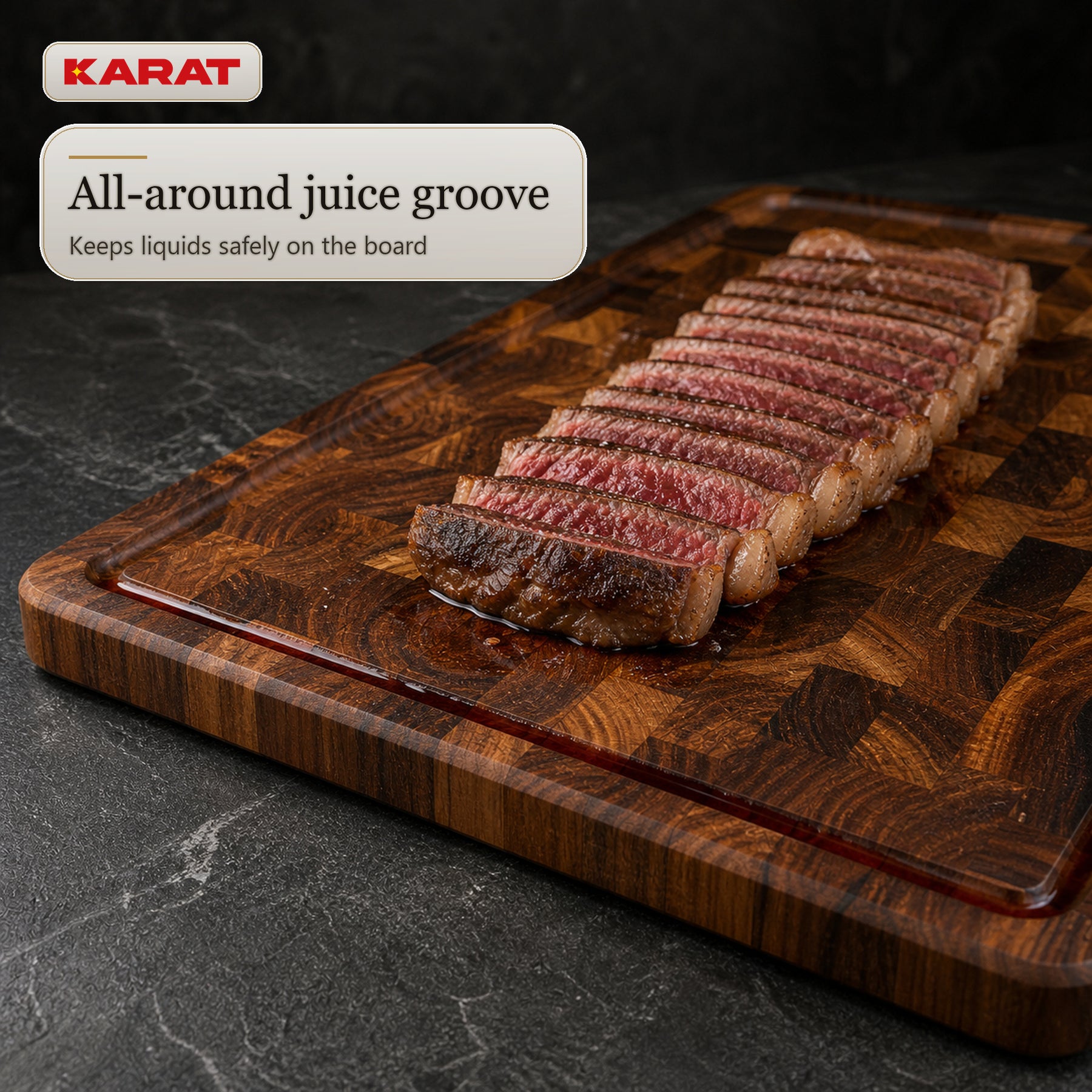 Skærebræt | Teak Royal Endgrain | Massivt teaktræ med saftrille & håndgreb | 3 størrelser