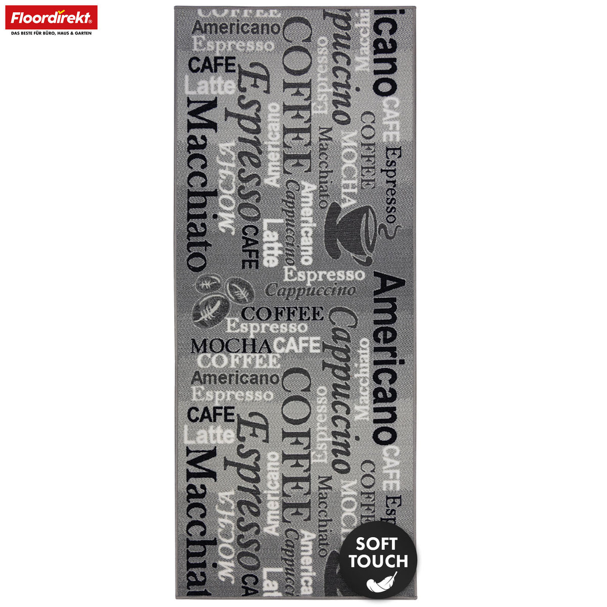 Tæppeløber | Coffee | Moderne køkkenløber med kaffemotiver | Skridsikker, slidstærk & nem at rengøre