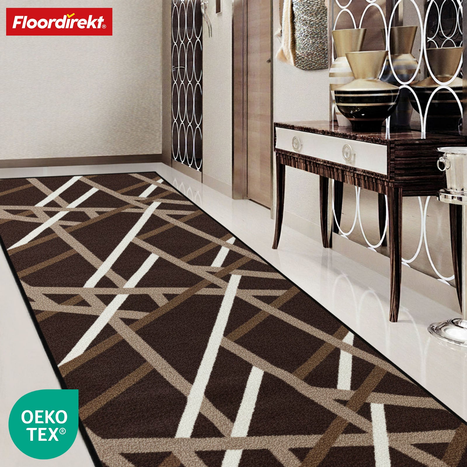 Løber Printed | I antracit & brun | Moderne tæppeløber med stribet design & skridsikker gelbagside | Slidstærk & nem at vedligeholde