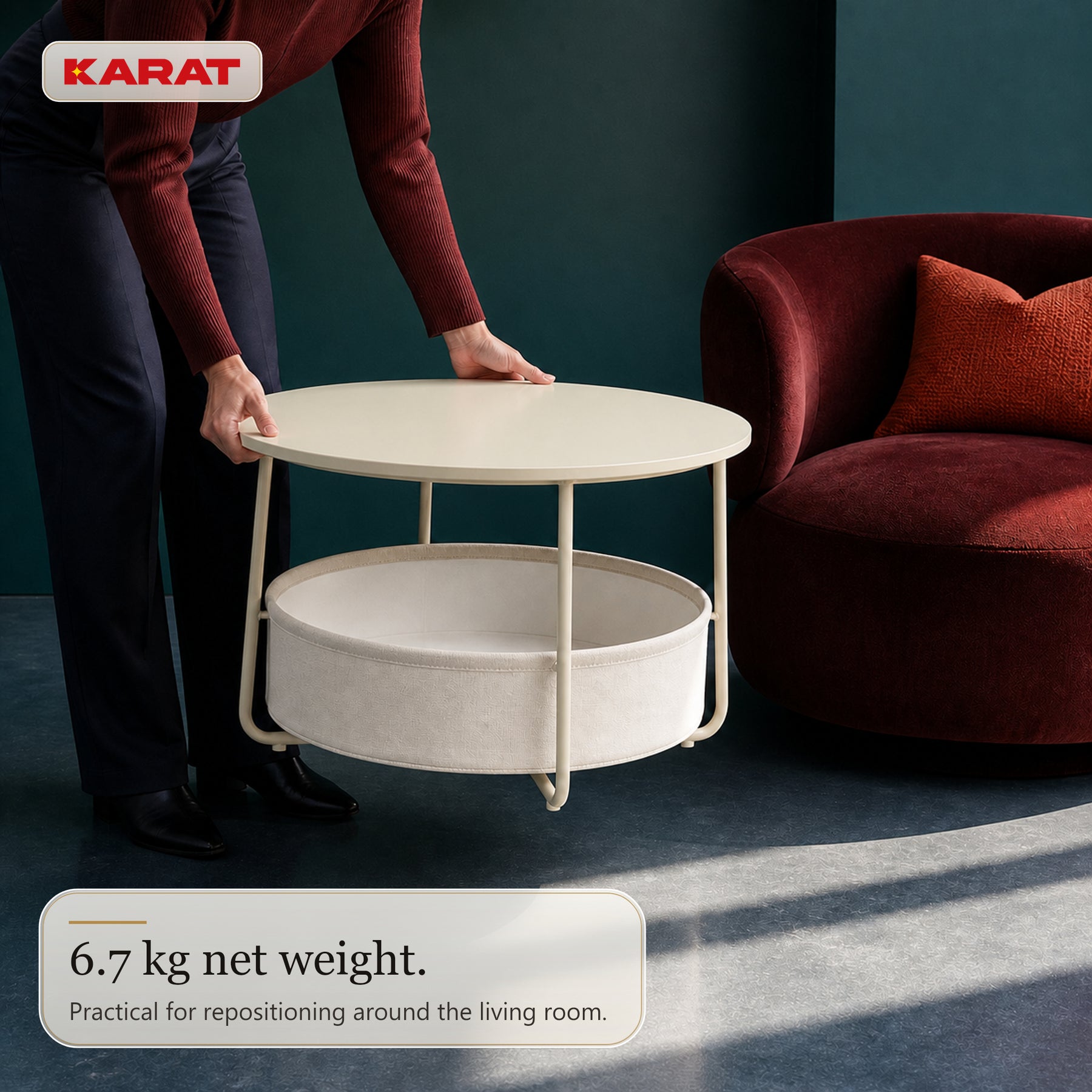 Sidebord | Tore | Rundt stuebord med åben opbevaring i træ & stål | Ø 75 cm