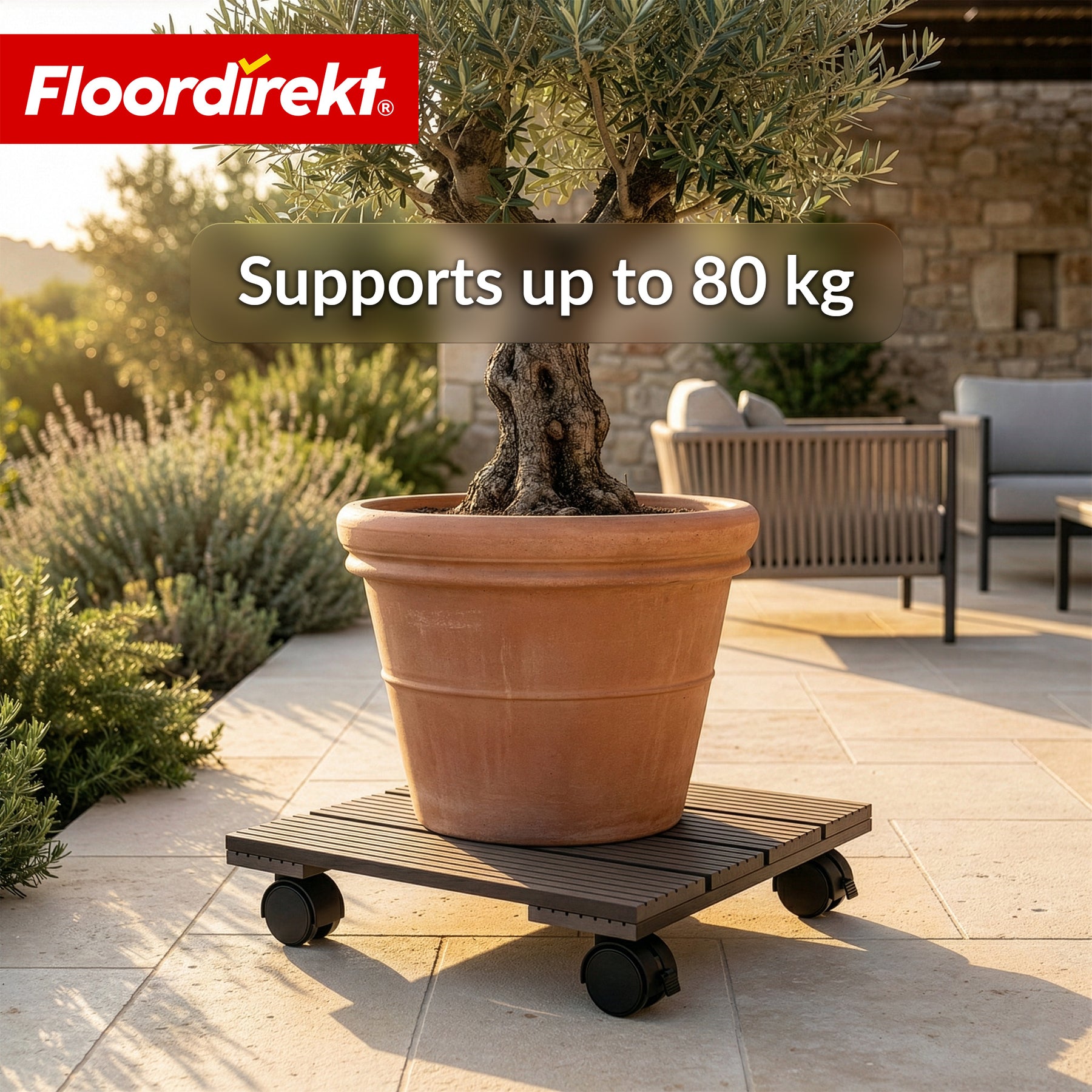 WPC-plantevogn | Marquis | Rulleunderlag 30 x 30 cm | 360° drejehjul med bremse | Belastningsevne op til 80 kg