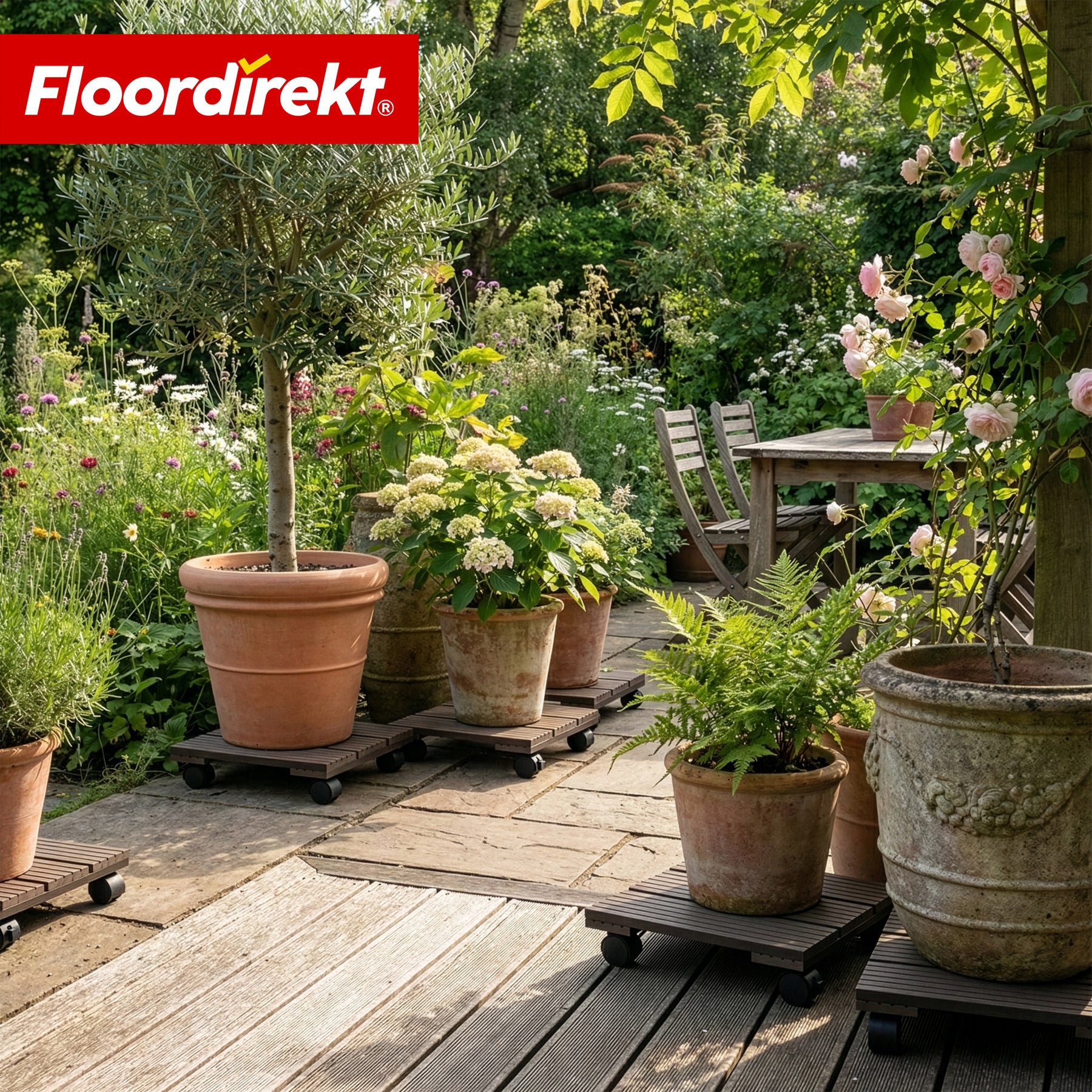 WPC-plantevogn | Marquis | Rulleunderlag 30 x 30 cm | 360° drejehjul med bremse | Belastningsevne op til 80 kg