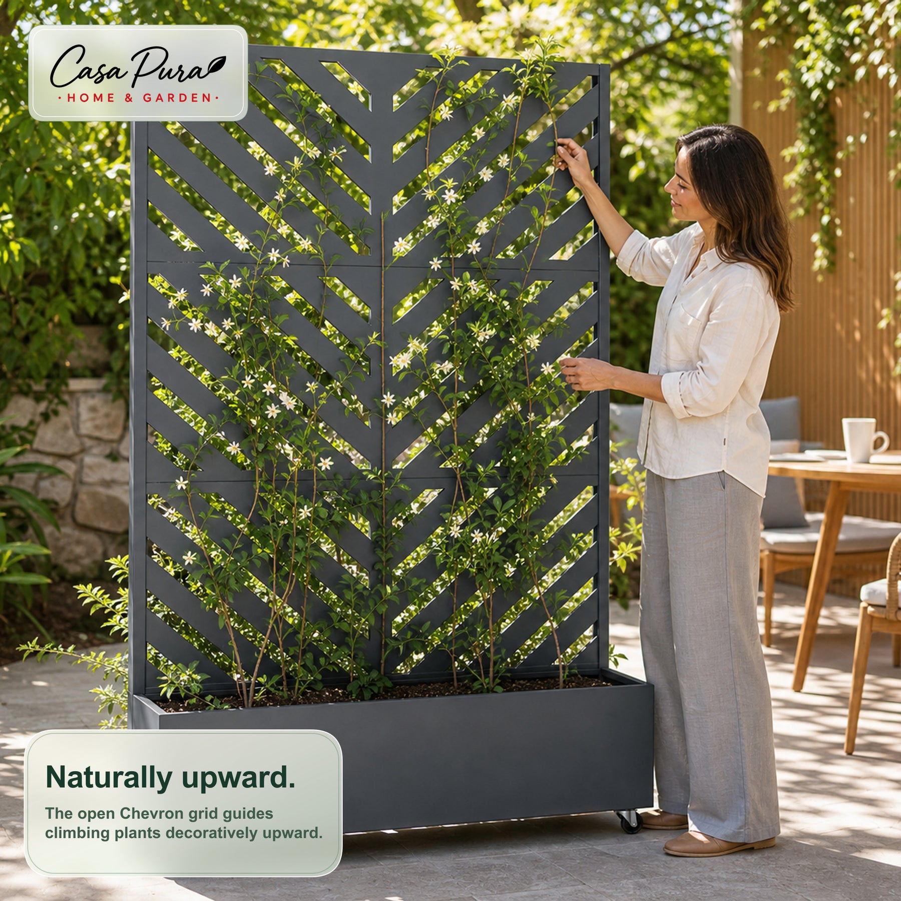 Plantekasse med espalier | Floris | Mobil afskærmning i galvaniseret stål | 119,5 × 40,6 × 185,5 cm
