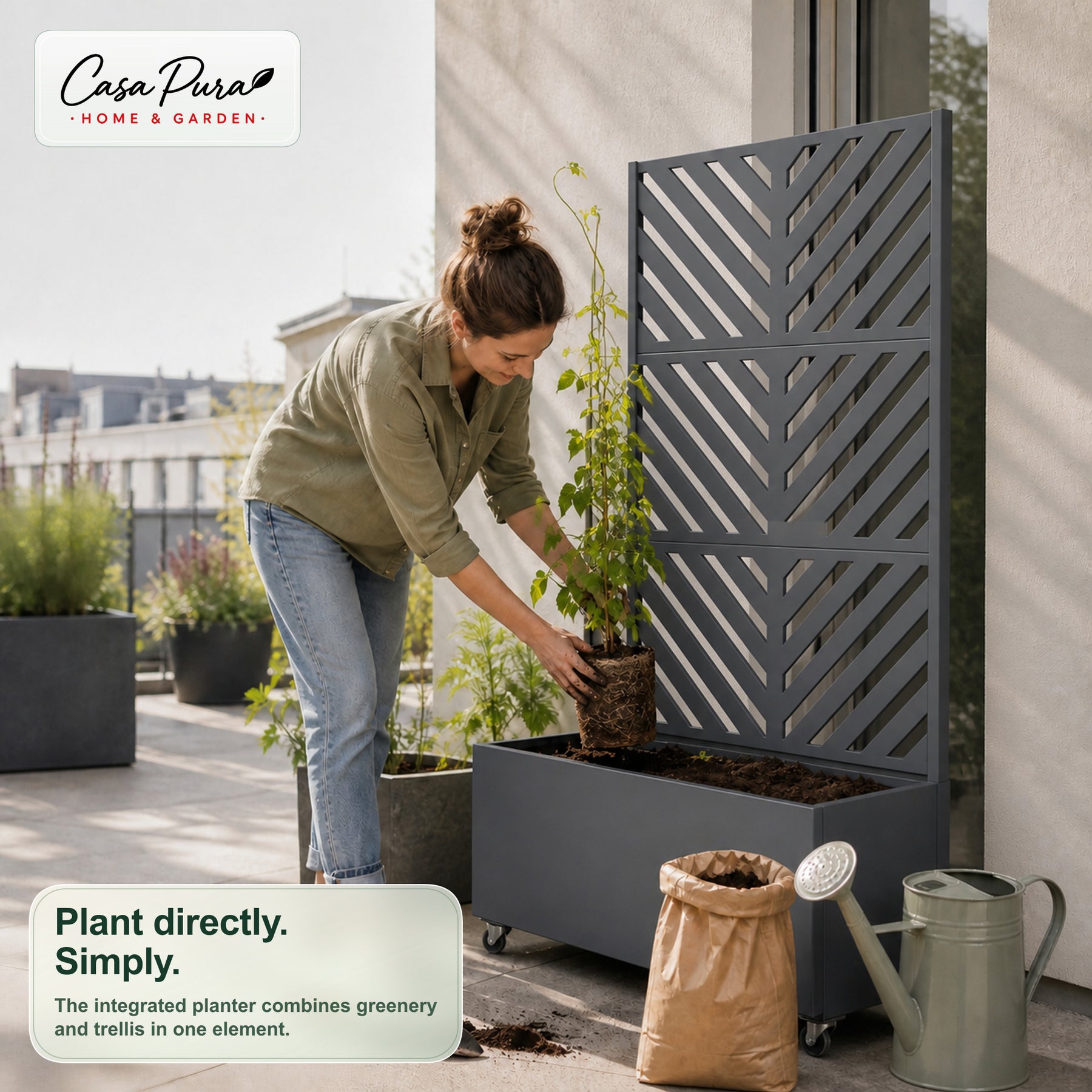 Plantekasse med espalier | Nora | Mobil afskærmning i galvaniseret stål | 107,5 × 40,6 × 185 cm