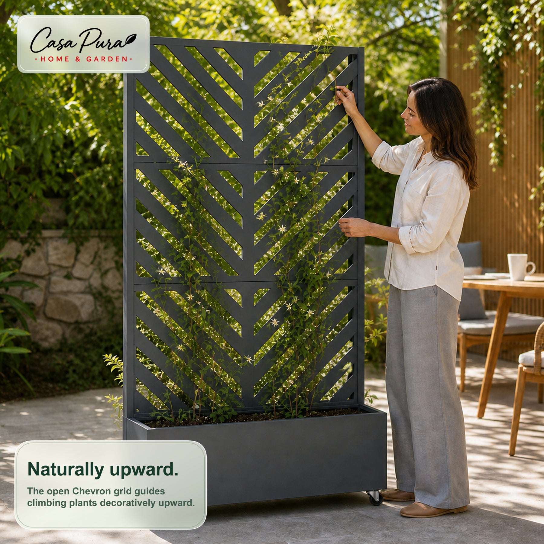 Plantekasse med espalier | Nora | Mobil afskærmning i galvaniseret stål | 107,5 × 40,6 × 185 cm